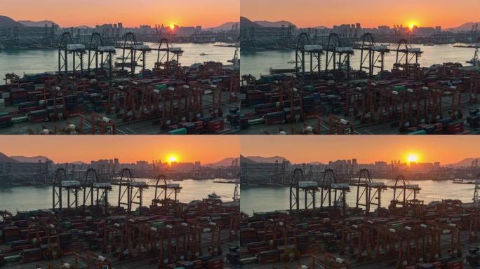 4k时间流逝: 带有日出的码头商业港口活动，用于商业物流，进出口，运输或运输
