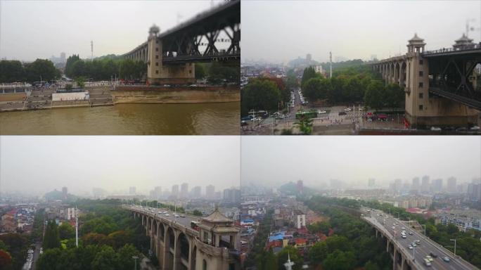 白天时间武汉市著名的长江桥湾空中全景4k倾斜移位中国