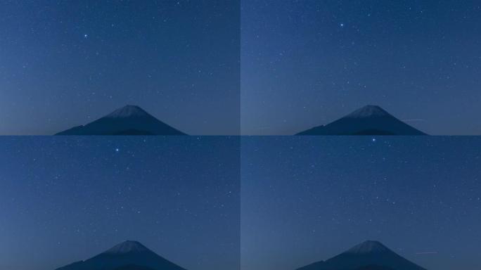 日本山梨县庄子湖富士山上空晴朗夜空的延时镜头