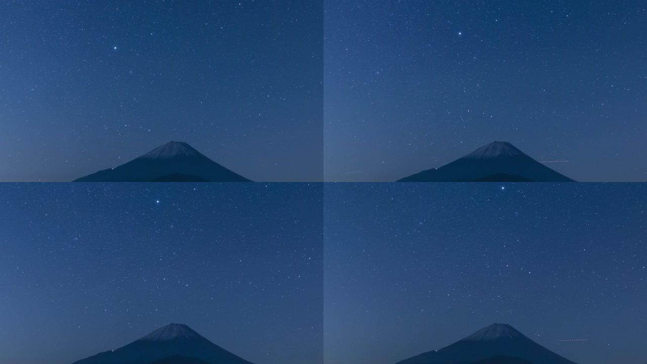 日本山梨县庄子湖富士山上空晴朗夜空的延时镜头