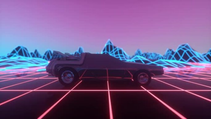 复古未来80年代风格科幻汽车背景。无缝循环3d视频动画
