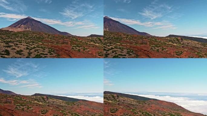 全景，高过云层。西班牙加那利群岛特内里费岛泰德火山国家公园的山峰。高地景观