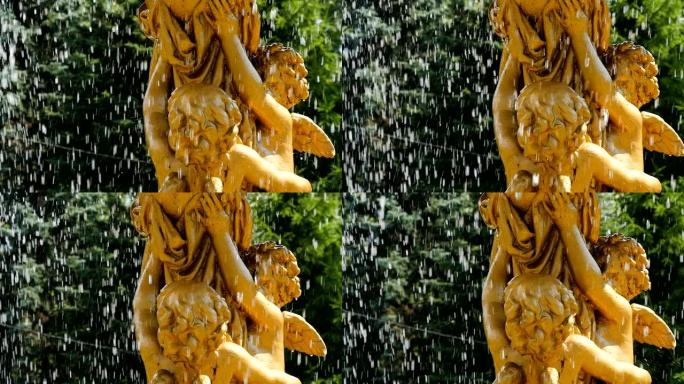 相机显示天使雕像支持树木的喷泉