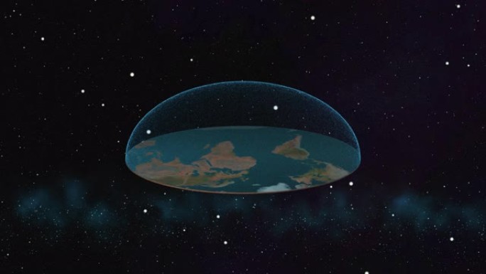 古老的神话概念，地球看起来像一个圆盘，上面覆盖着透明的圆顶层，漂浮在星空中的星云上。