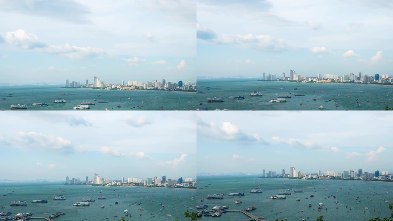 泰国CHON BURI-2019年10月20日: 时间流逝城市景观巴厘岛海码头芭堤雅天蓝色明亮，云来