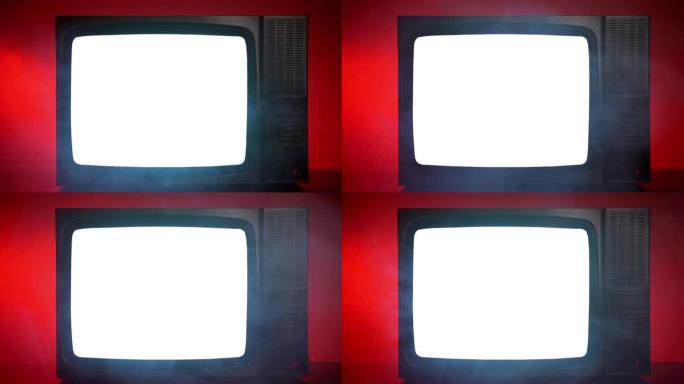 老式电视，红色背景上闪烁白色屏幕。老式黑色电视，烟雾反射，静电噪音。破碎的电子产品、电视广播和复古风