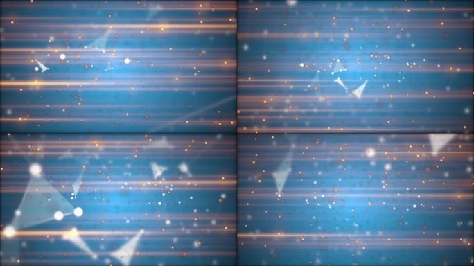 通过水平闪烁的激光射线放大金色和白色的星星，散焦的粒子和蓝色背景上的线性连接。