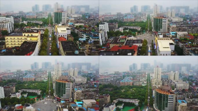 白天时间武汉城市景观购物区交通道路空中全景视图4k倾斜移位中国