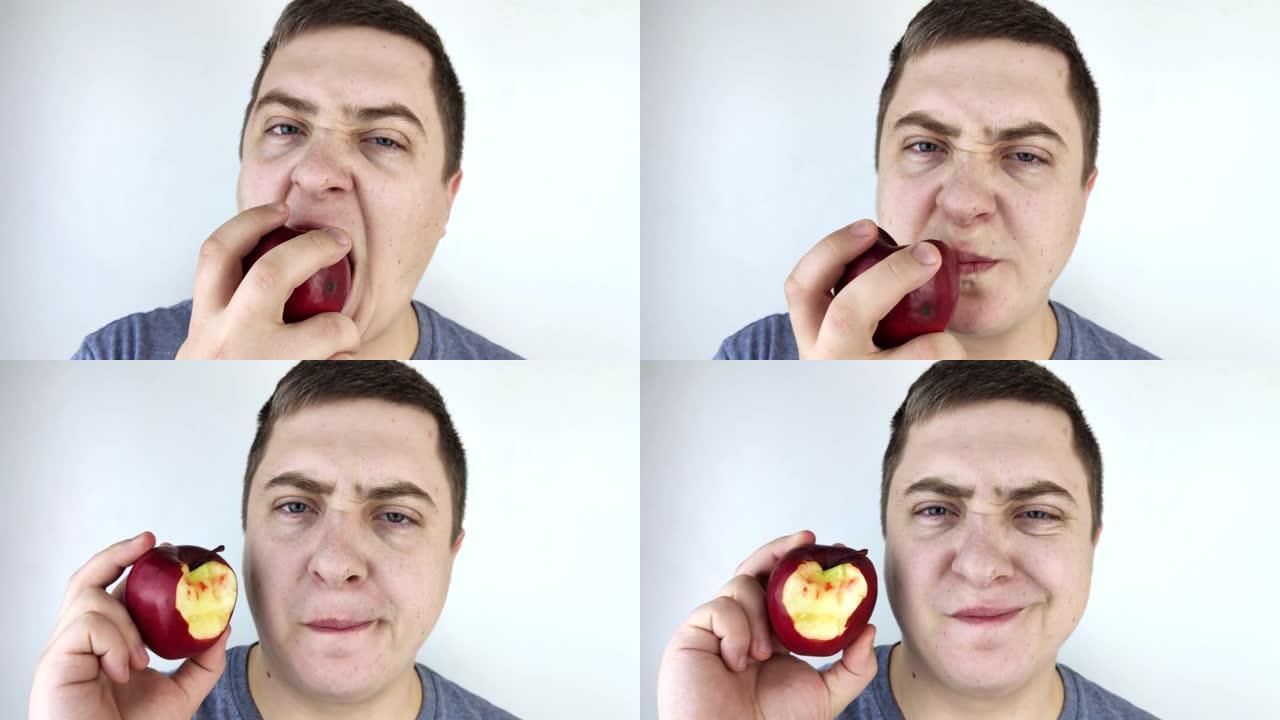 一个人咬了一个苹果，牙龈里流出了血。牙龈出血，牙龈炎，牙周炎和牙周病的症状。