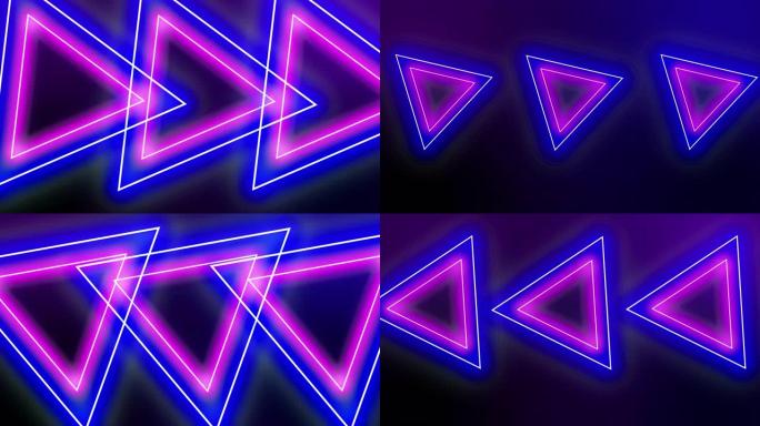 三角形电动霓虹灯框架的循环缩放运动与复制空间。未来3D循环蓝色粉色激光框架舞台无缝循环背景