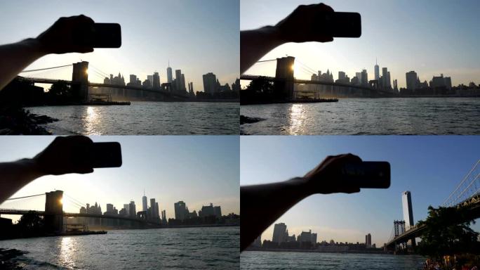 4k慢动作60fps拍摄纽约布鲁克林大桥的游客视点