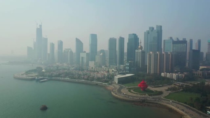 晴天青岛著名奥运步行湾市中心空中全景4k中国