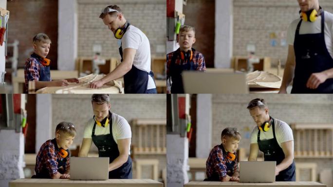 中年木匠和他的小儿子一起建造木船模型，并使用笔记本电脑在木工店里检查平面图。父亲向孩子解释造船过程