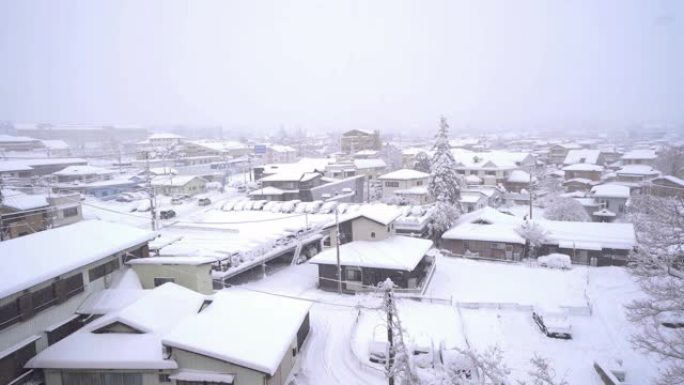 在冬季，日本城市山梨市川口町藤吉田町白雪的房屋或建筑物。建筑景观背景。