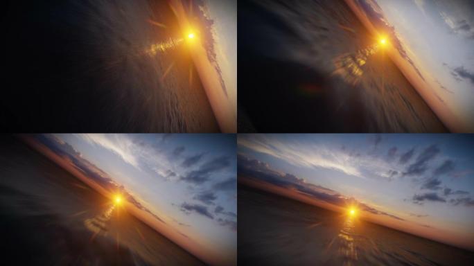 飞越海洋，走向神奇的日出，相机旋转，4K