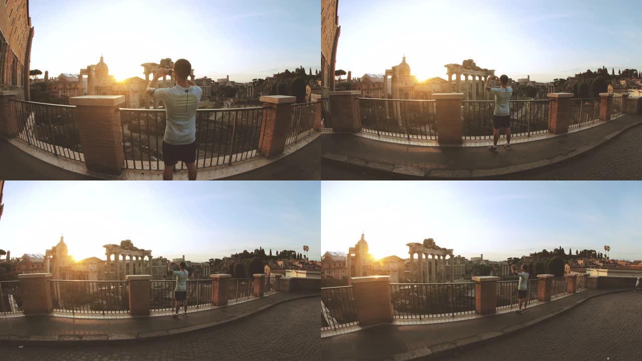 穿着跑步衣服的年轻人在日出时在罗马广场前拍照。从全景的角度来看，意大利罗马的历史帝国罗马罗马。