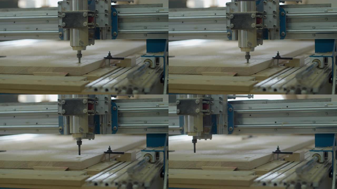 计算机数控机床在慢动作中的铣削过程在不同的视图中。木工车间流程。木制家具制造。