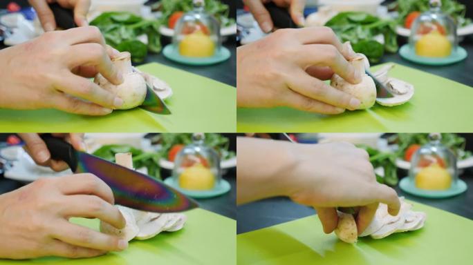 厨师在厨房切蘑菇，特写。女性的手将蘑菇切成薄片。女人切蔬菜。披萨配料。烹饪过程。