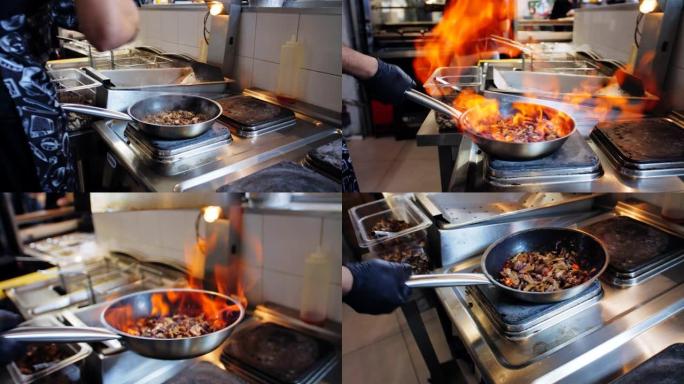 男子在肉中加油并烧火，在咖啡馆里准备食物