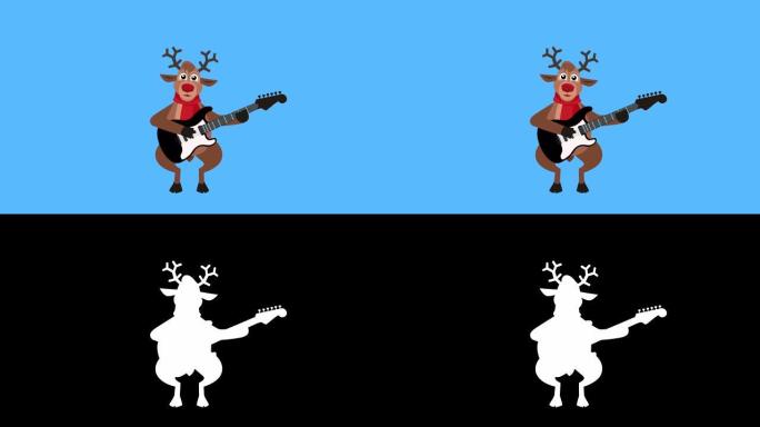 卡通圣诞鹿平角色玩电吉他动画与哑光
