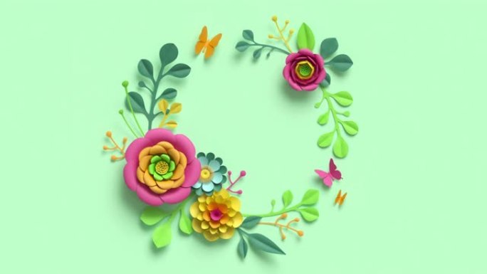 节日花卉花环动画。空白植物圆形框架。五颜六色的纸花和绿叶生长，出现在柔和的薄荷背景上。装饰插花，di