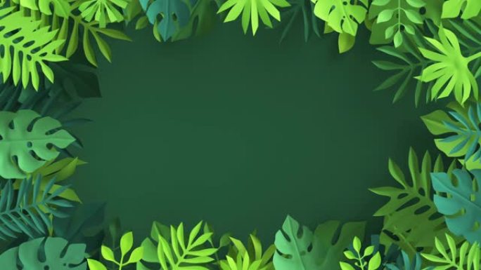 3d渲染，抽象纸热带棕榈叶出现在绿色背景上，植物壁纸动画，丛林现场图像，挥舞树叶运动设计，框架与复制