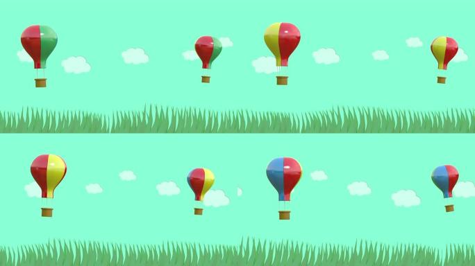 动画的循环，一个气球漂浮在草地上