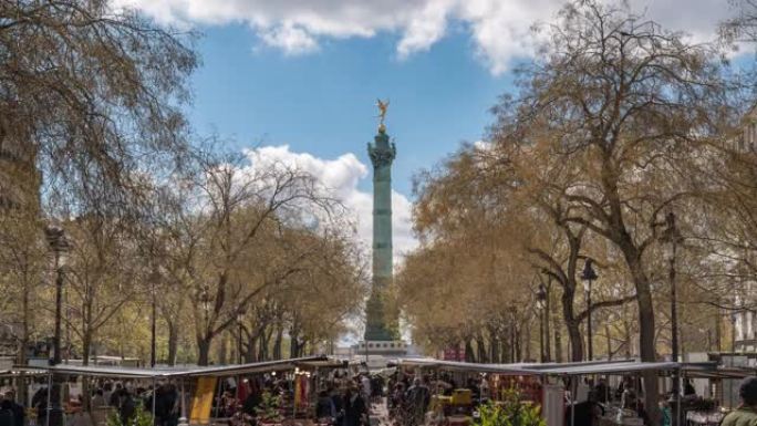 巴黎法国时间流逝4K，巴士底广场市场的城市天际线延时