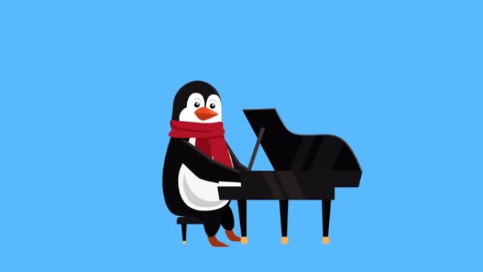 卡通小企鹅扁平圣诞角色演奏钢琴音乐动画包括哑光