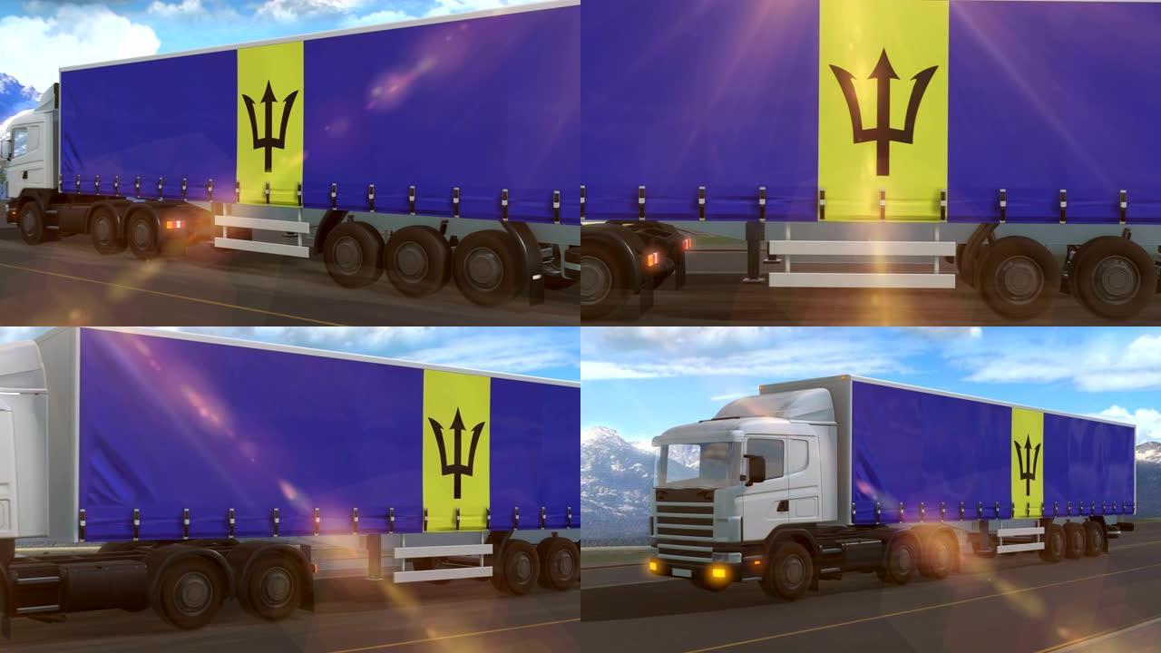 巴巴多斯国旗显示在一辆大卡车的侧面