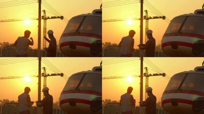日落时两名工程师在建筑工地握手