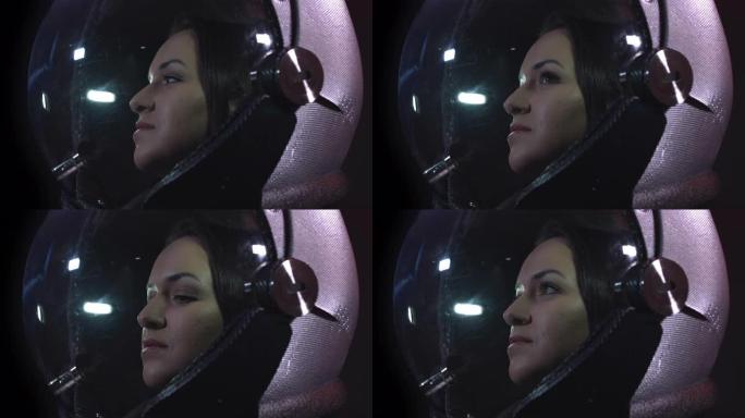 太空头盔中年轻微笑女宇航员的肖像4k镜头