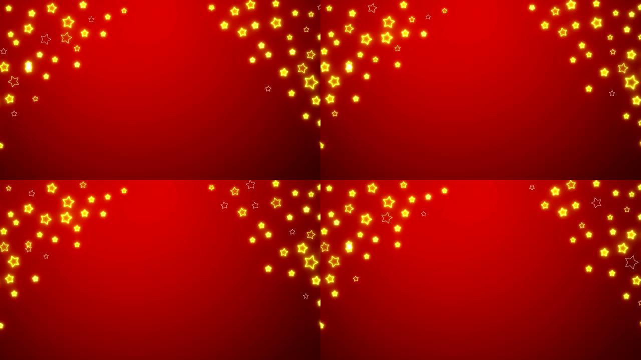霓虹灯灯泡金色星星形状在红色背景上闪烁动画，