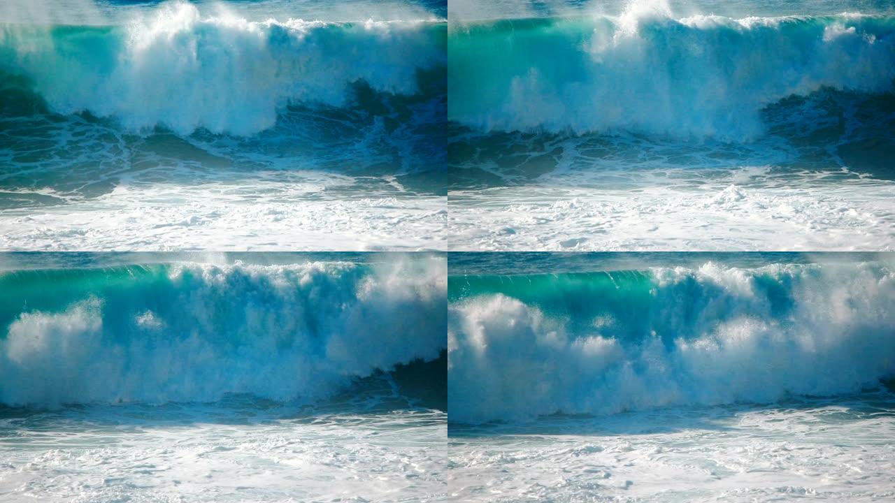 大海浪撞击慢动作视频。蓝色冲浪海浪水断点特写。巨大的风暴管飞溅。