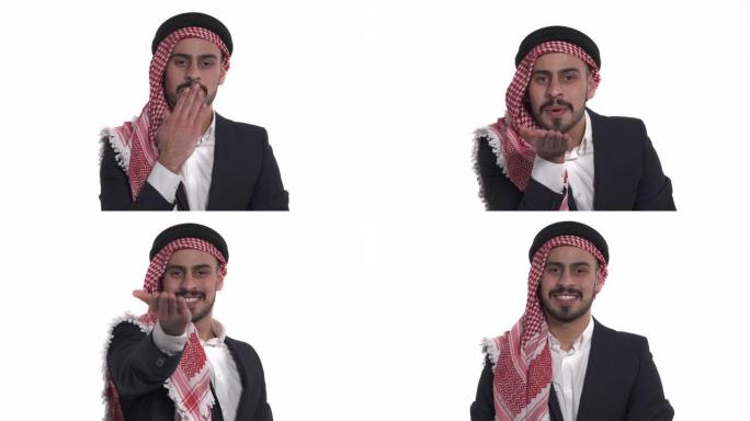 一个年轻的阿拉伯男人折叠嘴唇并握着手掌发送空气之吻的特写镜头。肢体语言