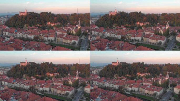 日落时斯洛文尼亚首都卢布尔雅那的城市景观。