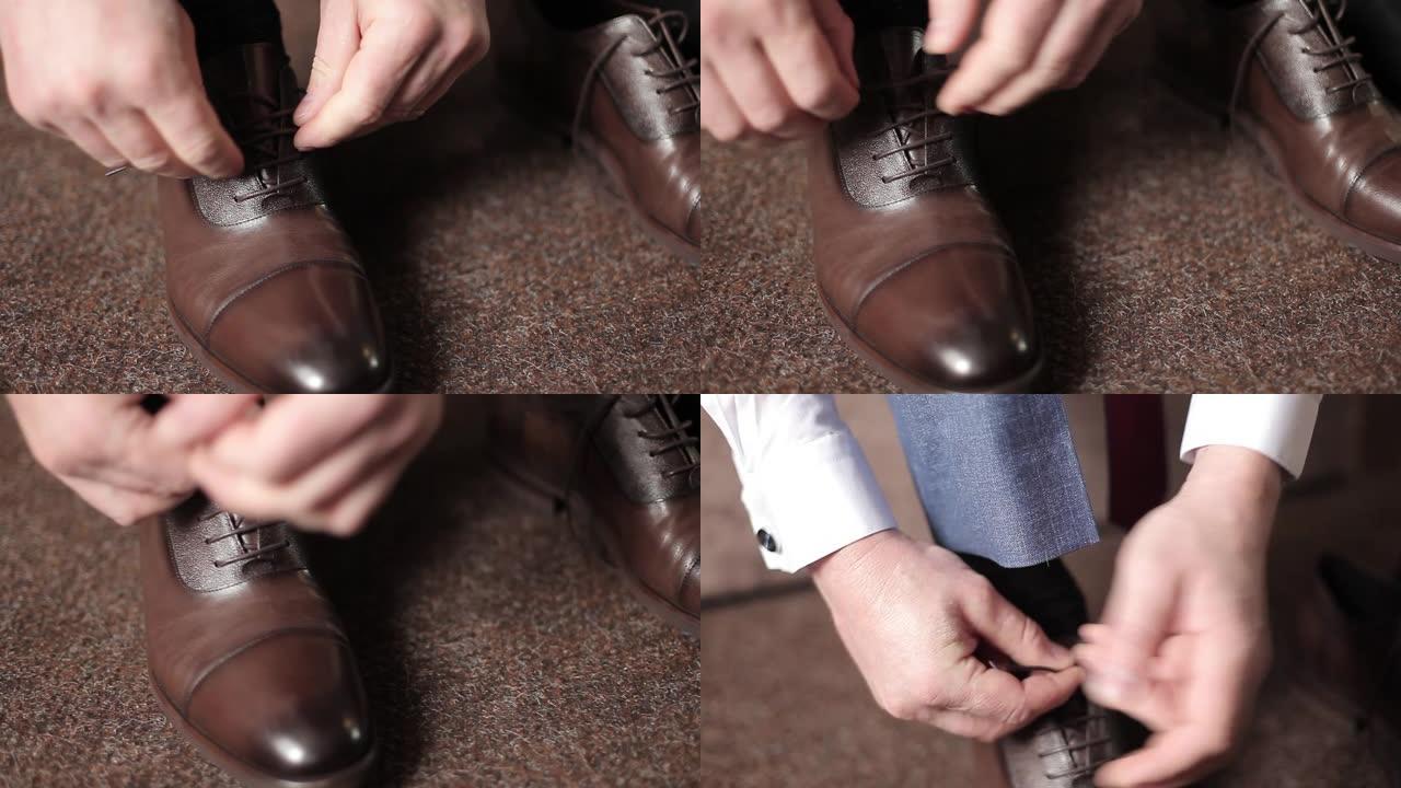 商人男子在房间里把鞋带绑在棕色靴子上。一个男人穿鞋。