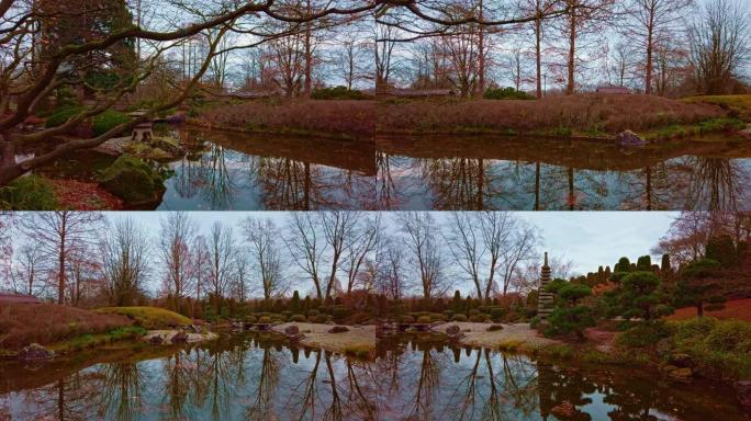 日本花园中人造池塘的壮丽景色