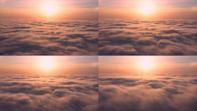 飞越早晨的云层，相机慢慢沉入雾中