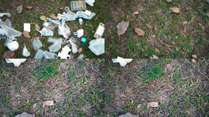公园里散落的垃圾堆。环境污染问题的概念。4k视频
