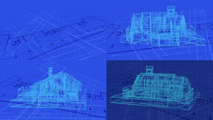 动画显示了地板设计的技术图，并绘制了精美的细节和房屋的3d模型