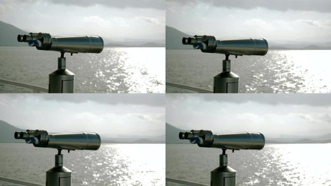 地中海游轮甲板上的旅游双筒望远镜。希腊。4K