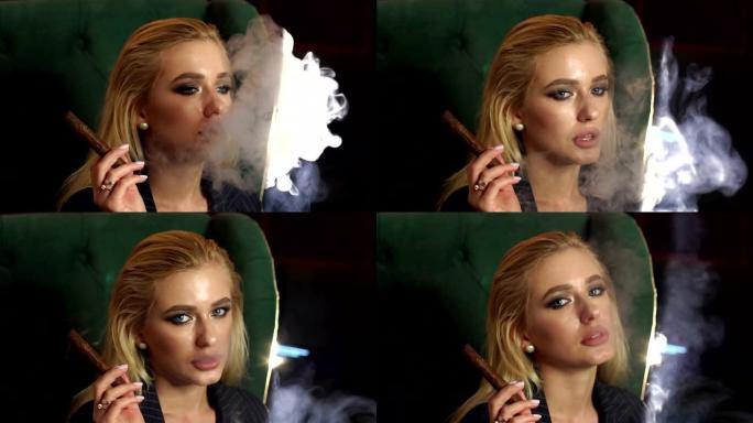 特写一个带着雪茄的女孩的脸，她抽了很多烟。