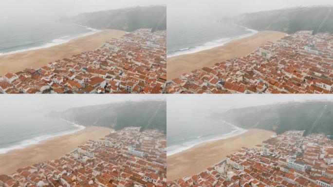 被海洋冲刷的岩石山丘附近的老城鸟瞰图