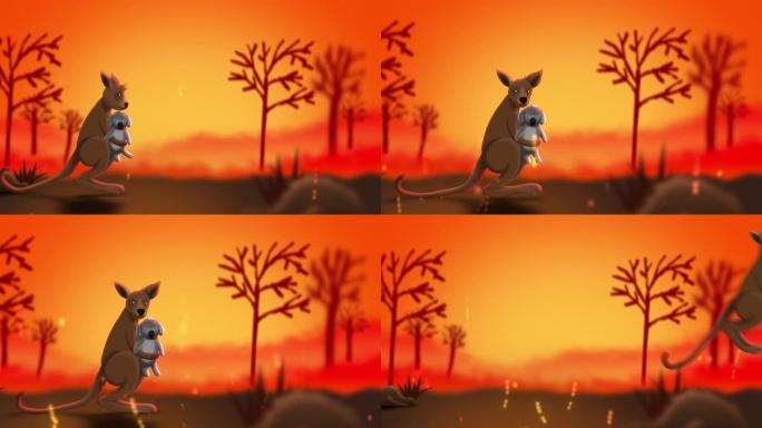 袋鼠带着可爱的小考拉，同时为逃生丛林大火而跳跃，为澳大利亚祈祷的2d动画循环概念。