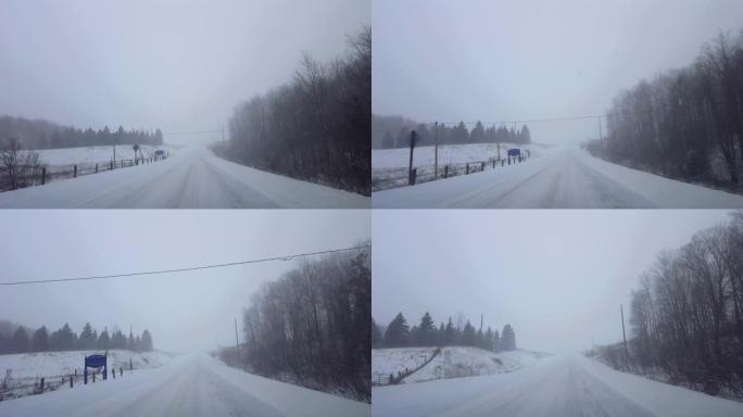 * 更明亮的版本 * 在冬天危险的路况下驾驶雪天气。司机的观点POV暴风雪在远处白雪皑皑。