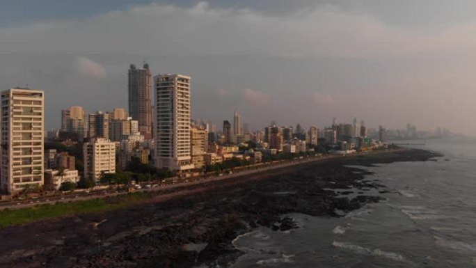 电影无人机海景班德拉沃利海上链接孟买市日落4k