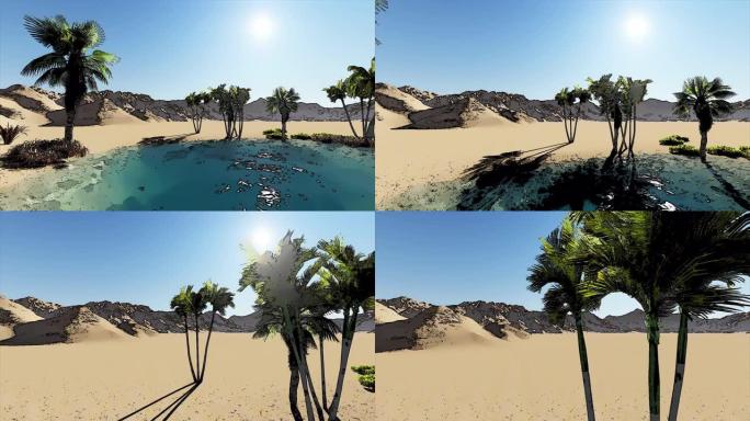 4K动画沙漠绿洲与炎热的太阳在背景