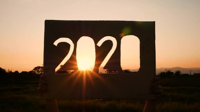 手握回收纸盒与2020文字，阳光透过文字在日落背景。