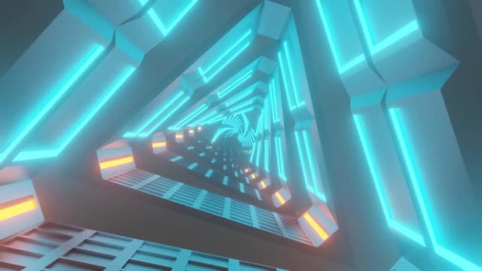 3D三角金属蓝色橙色霓虹灯模糊变焦旋转技术未来动画视频插图。